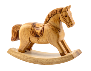 Carved wooden rocking horse with saddle, mane, and reins on a rocking base