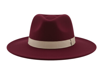 Isolated hat with a wide brim and ribbon, vintage fashion style, maroon accessory for men