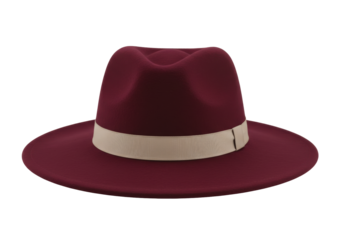 Isolated hat with a wide brim and ribbon, vintage fashion style, maroon accessory for men