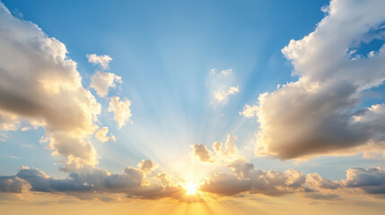 Soft orange glow through clouds, peaceful golden hour, beautiful sunlight streaming