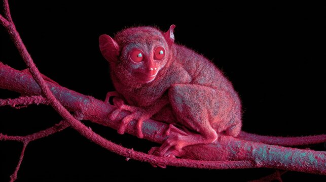 Tarsier perched on branch, rendered in pink and teal against a black background