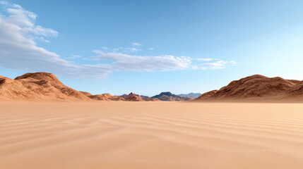 Naklejka premium Vast desert landscape with gentle sand dunes and distant mountains under clear blue sky