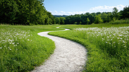 Obraz premium Winding path through lush meadow, inviting exploration and tranquility in nature embrace