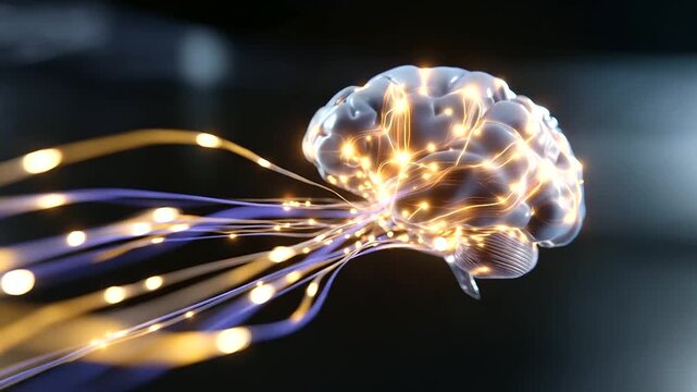 3D digital visualization of human brain activity in futuristic medical software, neural pathways illuminated with glowing data lines, with copy space.