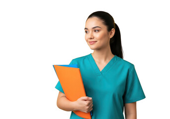 Young female medical professional in teal scrubs holding an orange clipboard isolated on transparent background