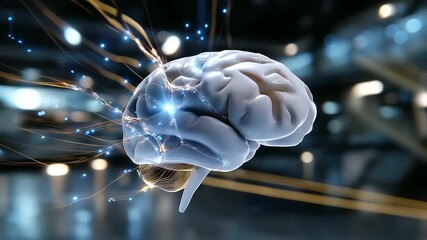 3D digital visualization of human brain activity in futuristic medical software, neural pathways illuminated with glowing data lines, with copy space. - Powered by Adobe