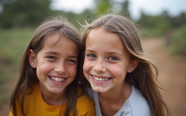 Obraz premium Cute pupils smiling down at camera outside. High quality