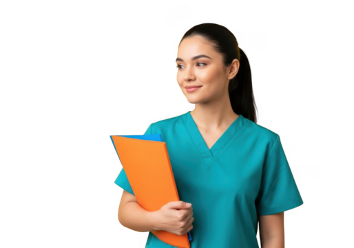 Young female medical professional in teal scrubs holding an orange clipboard isolated on transparent background - Powered by Adobe
