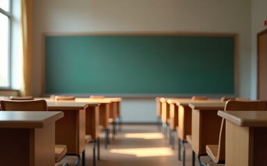 Empty Classroom. Back to school concept in high school. Classroom Interior Vintage Wooden Lecture Wooden Chairs and Desks. Studying lessons in secondary education. generative ai. High quality
