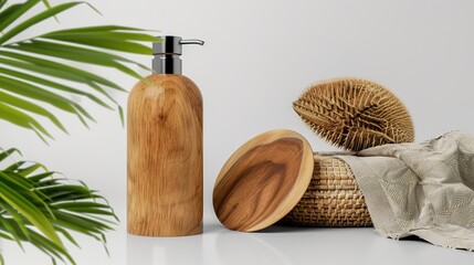 Realistic Wooden Bottle Pump Cap Mockup Accompanied by Natural Elements (Moss, Twigs, Pebbles)—Ideal for Branding, Eco-Friendly Packaging, or Handmade Product Design Visual Presentations.