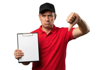 Delivery man in red uniform showing thumbs down holding clipboard isolated on transparent background