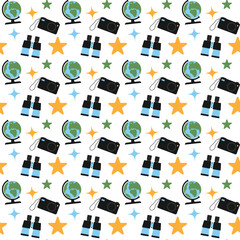Travel photography camera binoculars and globe seamless pattern for magazines and merch