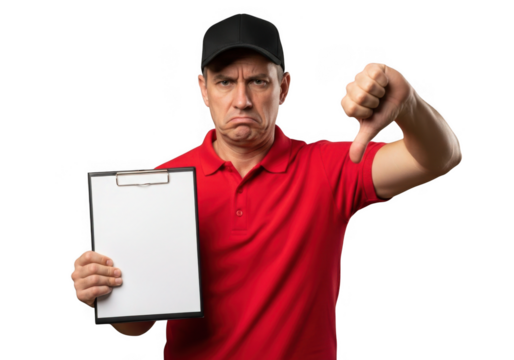 Delivery man in red uniform showing thumbs down holding clipboard isolated on transparent background