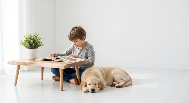 Peaceful minimalist study time of child and dog together, white space aesthetic