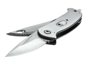 Close-up of open, partially serrated folding knife with stainless steel body