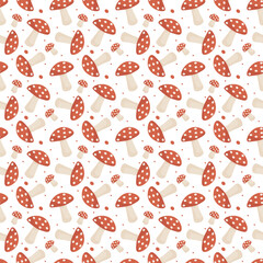 Seamless pattern with a mushroom. Pattern of amanita fungus