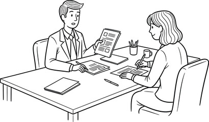 A black and white line drawing depicts a business meeting scenario. A man, dressed in a suit and tie, sits across a table from a woman. He is holding up a tablet or document, 
