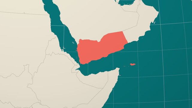 Yemen map. Animated zoom into the country on the Globe in Teal Pale Mint color palette. Country logo animation. Map with meridians, parallels. Creative video.