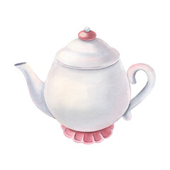 White ceramic teapot with lid and pink details. Hand-painted watercolor illustration isolated on white. Perfect for kitchen prints, packaging, menus, tea branding, cards, textile, home decor design