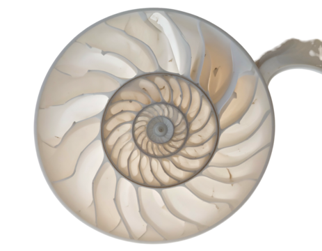 Cross-section of a spiral shell, revealing chambers and iridescent textures