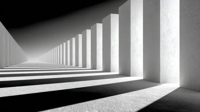 Endless Corridor of White Pillars and Dramatic Sunlight Shadows architecture abstract