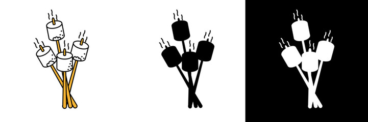 Vector illustration of roasted marshmallows on sticks over a campfire, shown in color, black, and white styles. Symbol of camping, bonfire, outdoor cooking, and leisure. Perfect for camping logos, etc