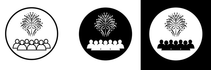 Flat vector of a group of people watching fireworks in a circle frame, representing celebration, unity, and teamwork. Suitable for party, event, or community illustration.