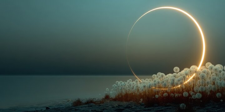Ethereal glowing golden ring encircling a field of fluffy white seed heads by a calm body of water