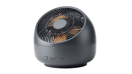 Modern sleek black table fan with a silver accent and orange blades on a transparent background showcasing contemporary design and functionality