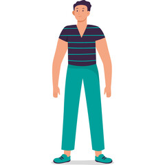 Standing Man With Dark Hair Wearing A Striped V-Neck Shirt And Teal Pants And Shoes Isolated On A White Background