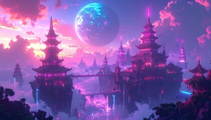Majestic pagoda structures illuminate with vibrant neon hues, set within a surreal, ethereal landscape, floating amidst vivid pink and purple clouds under a glowing celestial body, creating a...