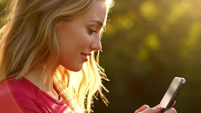 A young caucasian woman, early 20s, blonde, in red activewear subtly scrolls a smartphone in an intimate profile video, golden hour bokeh. Concept of serene digital engagement