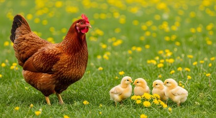 Fototapeta premium Mother Hen and Her Chicks: A heartwarming scene showcasing a protective mother hen standing watch over her fluffy chicks in a vibrant meadow dotted with charming yellow wildflowers.