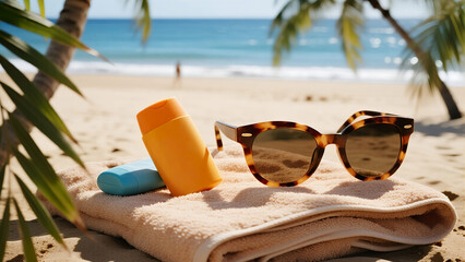 Beach towel with sunglasses and sunscreen