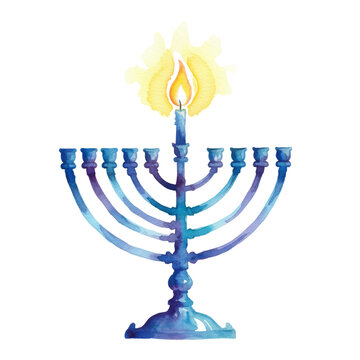 A glowing watercolor menorah with nine branches illuminating a festive celebration isolated