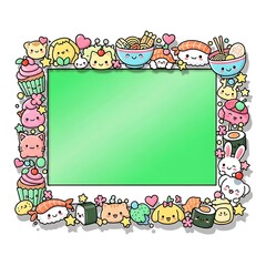 A cute kawaii doodle frame with cartoon animals and Japanese food surrounding a green screen placeholder.