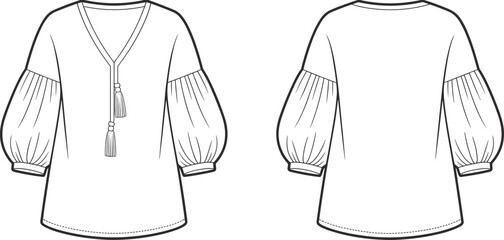 Blouse technical fashion sketch, V-neckline, tassel tie, puff sleeve, curved hem, fitted cuff, cad drawing flat vector illustration