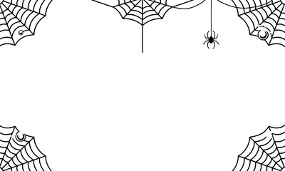 Delicate Spider Webs Vector Illustration with Fine Black Lines, Minimalistic Design, Realistic Structure, Intricate Details, Droplets, and Symmetrical Horizontal Composition for Nature and Halloween