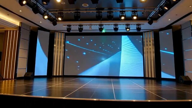 Event stage interior with LED screen backdrop, modern lighting, and sleek design