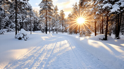Fototapeta premium Soft sunrise over snowy trees creates serene winter landscape filled with golden light