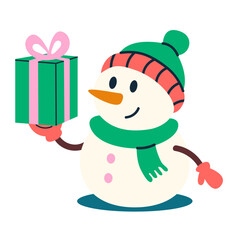 Christmas snowman holding gift box with festive winter holiday charm