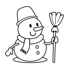 Outline christmas snowman holding broom with festive holiday details