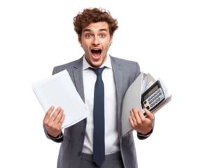 Overwhelmed By Taxes: Young Man Reacts to Financial Shock isolated on a transparent background