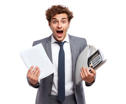 Overwhelmed By Taxes: Young Man Reacts to Financial Shock isolated on a transparent background