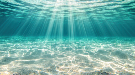 Bubbles and sunlight beams create peaceful underwater scene with shimmering water