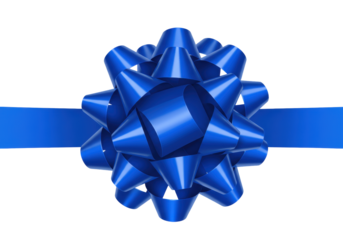 Isolated blue gift bow and ribbon with many loops for holiday celebration decor, isolated.