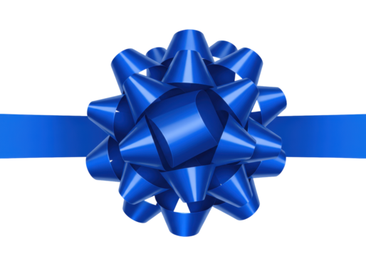 Isolated blue gift bow and ribbon with many loops for holiday celebration decor, isolated.