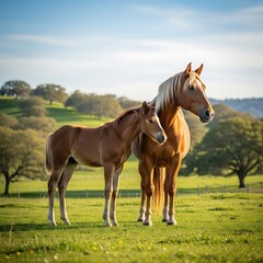 Obraz premium Mare and Foal Grazing Peacefully in a Lush Green Meadow.