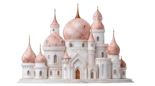 Ornate Fantasy Castle Model With Intricate Towers And Rose Gold Accents On A Transparent Background Detailed Architectural Design