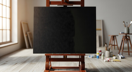 Empty black canvas on a wooden easel art studio mock up design background copy space artist creativity light
